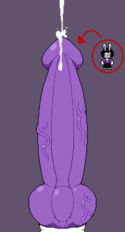 anthro big_penis black_hair bodily_fluids clothing cum cumshot ejaculation genital_fluids genitals hair huge_penis hyper hyper_genitalia hyper_penis knot knotted_penis male overalls penis purple_penis simple_background solo toony vein veiny_penis moronicpixels moronic_(moronicpixels) lagomorph leporid mammal rabbit digital_media_(artwork) hi_res pixel_(artwork)