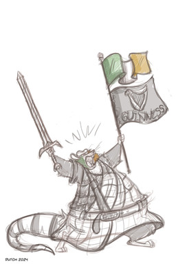 anthro belly belt big_belly bottomwear buckteeth clothing flag harp headgear headwear irish irish_flag kilt male melee_weapon musical_instrument obese obese_anthro obese_male open_mouth overweight overweight_anthro overweight_male plucked_string_instrument solo string_instrument sword teeth text text_on_flag topwear warrior weapon whiskers dutch_(artist) guinness mammal murid murine rat rodent 2024 2:3 digital_media_(artwork) english_text hi_res sketch