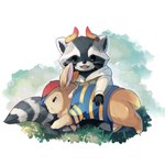 clothing duo feral happy hat headgear headwear horn lying male on_side plant romantic romantic_couple tail whiskers maiconsandey earthbound_(series) nintendo alex_the_narehate xavi_(costxav) lagomorph mammal procyonid raccoon 1:1 absurd_res hi_res