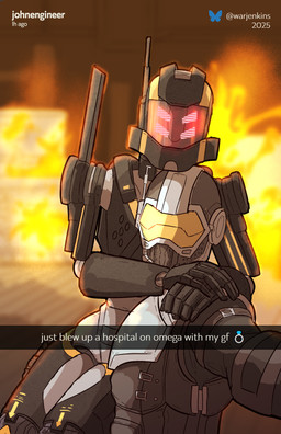 4_eyes armor arms_around_neck arms_around_partner black_body carrying_another carrying_partner clothed clothing duo explosion female fire fully_clothed headgear helmet looking_at_viewer machine male male/female multi_eye red_eyes text warjenkins bioware electronic_arts mass_effect mass_effect_3 snapchat human humanoid mammal robot robot_humanoid 2025 absurd_res colored digital_media_(artwork) english_text hi_res