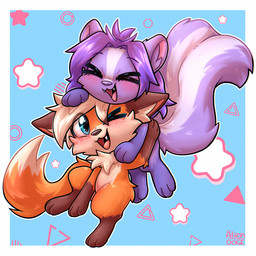 anthro blue_eyes blush blush_lines chibi duo eyes_closed female fur hair open_mouth orange_body orange_fur purple_body purple_fur purple_hair simple_background tail teeth alien_doge canid canine fox mammal mephitid skunk 1:1 hi_res