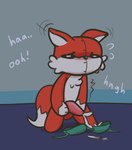 anthro bodily_fluids clothing cum cum_on_clothing ejaculation genital_fluids genitals male penis plushie red_body solo young young_anthro young_male krackdown9 candy_(krackdown9) animate_inanimate canid canine fox living_plushie mammal