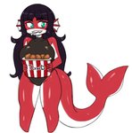 big_breasts black_clothing black_hair black_swimwear breasts clothed clothing drumstick_(food) ear_fins eating eyebrow_through_hair eyebrows female fin fingers food food_in_mouth green_eyes grin hair kfc_bucket long_hair long_tail multicolored_body one-piece_swimsuit red_body red_skin shark_tail smile solo swimwear tail teeth translucent translucent_hair white_body white_skin that-girl-whodraws kfc finne animal_humanoid avian bird chicken fish fish_humanoid galliform gallus_(genus) humanoid marine marine_humanoid phasianid shark_humanoid 2019 colored