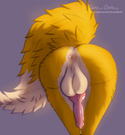 animal_genitalia animal_penis anthro anus balls big_balls bodily_fluids butt butt_focus canine_genitalia canine_penis dipstick_tail fluffy fluffy_tail fur genital_fluids genitals knot male male_anthro markings penis precum presenting presenting_anus presenting_balls presenting_hindquarters presenting_penis raised_tail rear_focus rear_view tail tail_markings tan_body tan_fur text yellow_body yellow_fur stellaamoris all_males_may isan_(character) canid canine canis domestic_dog hybrid mammal shiba_inu spitz wolf absurd_res digital_media_(artwork) digital_painting_(artwork) hi_res painting_(artwork) url
