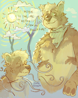 anthro blue_sky brown_eyes brown_nose ear_piercing ear_tuft eyes_closed facial_piercing fur gauged_ear green_kerchief green_neckerchief head_tuft kerchief kerchief_only light male mostly_nude neckerchief neckerchief_only neckwear nose_piercing nose_ring piercing plant plug_(jewelry) ring_piercing septum_piercing septum_ring sky smile snout solo sun sunlight text tree tuft yellow_body yellow_fur capegloam felid mammal pantherine snow_leopard 2024 4:5 absurd_res digital_drawing_(artwork) digital_media_(artwork) english_text handwritten_text hi_res shaded yellow_theme