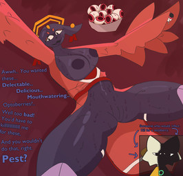 anthro big_breasts bodily_fluids breasts female food genitals holding_food holding_object modest octoberry presenting smug solo spread_legs spreading sweat text thick_thighs vulva wings lighthouseheat european_mythology greek_mythology mythology nine_sols red_candle_games goumang_(nine_sols) yi_(nine_sols) avian domestic_cat felid feline felis harpy mammal mythological_avian mythological_creature english_text hi_res
