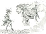 anthro armor duo jewelry male melee_weapon ranger simple_background size_difference stone_floor sword weapon white_background baron_engel dungeons_and_dragons hasbro wizards_of_the_coast cedric_blackprongs deer genie humanoid mammal 4:3 graphite_(artwork) traditional_media_(artwork)