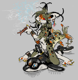 anthro bracelet cigar cigar_smoke claws ear_piercing ear_ring featureless_crotch fin grey_background grey_body jewelry male multicolored_body notched_ear piercing pool_float pool_toy ring_piercing simple_background sitting smile smoke smoking smoking_cigar solo toe_claws worm_(artist) aquatic felid feline fish hybrid mammal