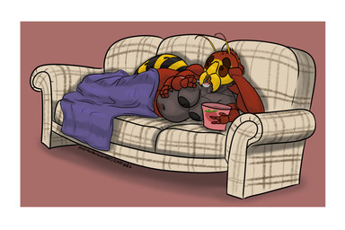 4_arms anthro bedding belly big_belly big_breasts black_body blanket body_hair border breasts cutlery dark_nipples dessert eating eating_ice_cream female food furniture grey_body hand_on_belly happy_trail head_on_hand ice_cream kitchen_utensils lying lying_on_sofa multi_arm multi_limb multicolored_body navel nude on_sofa overweight overweight_female red_body red_sclera sofa solo spoon striped_body stripes tools white_border yellow_body panzerschreckleopard josephine_cooke arthropod european_hornet hornet hymenopteran insect vespid wasp 2026 3:2 colored hi_res