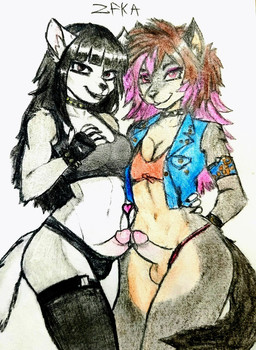 alternative_fashion anthro bangs bra choker clothing denim duo frottage goth gynomorph gynomorph/gynomorph highlights_(coloring) intersex intersex/intersex jacket jewelry legwear necklace panties penile penises_touching sex stockings tail topwear underwear zfka canid canine mammal hi_res traditional_media_(artwork)