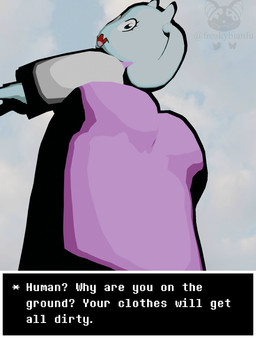 anthro butt clothing detailed_background dress eyelashes female floppy_ears horn looking_at_viewer looking_back low-angle_view sky text freakybianfu undertale undertale_(series) toriel bovid caprine goat mammal 3d_(artwork) cel_shading digital_media_(artwork) english_text hi_res shaded