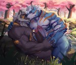 abs anthro biceps big_penis black_nose blue_body blue_fur brown_body brown_fur brown_penis bulge cherry_blossom cherry_blossom_tree cherry_tree claws duo erection eye_scar eyes_closed facial_scar fingers flower forest frottage fruit_tree fur genitals glans gold_markings hair hand_holding horn jewelry kissing looking_at_another male male/male markings muscular muscular_anthro muscular_male muscular_thighs navel nipple_piercing nipples on_ground open_mouth orange_markings outside pecs penile penis piercing pink_glans pink_nipples pink_nose plant prunus_(flower) purple_markings ring_piercing scar sex tail teeth touching_noses tree triceps tuft white_body white_claws white_fur white_hair white_horn white_penis kult2k lugerdius canid canine canis mammal wolf absurd_res hi_res