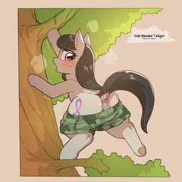 anus big_butt blush bodily_fluids bottomwear bottomwear_down butt clothed clothing equine_anus eyelashes female feral grey_body hair hooves long_hair looking_back partially_clothed plant puffy_anus pupils purple_eyes quadruped shorts shorts_down solo sweat tail text thick_thighs tree cold-blooded-twilight friendship_is_magic hasbro my_little_pony octavia_(mlp) equid equine mammal 1:1 2025 hi_res