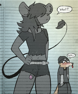 anthro beanie belt black_beanie black_bottomwear black_clothing black_collar black_hair black_hat black_headwear black_shirt black_shorts black_t-shirt black_topwear blood bodily_fluids bottomwear breasts clothing collar dialogue ear_piercing ear_stud fluffy fluffy_hair foreskin fur genitals grey_body grey_fur gynomorph hair hair_over_eyes hand_on_hip hand_on_own_hip hands_in_both_pockets hat headgear headwear humanoid_genitalia humanoid_penis intersex long_hair male navel nosebleed penis penis_poking_out penis_through_leghole piercing shirt shorts speech_bubble spiked_collar spikes standing studded_belt studs t-shirt tail tan_body tan_fur topwear torn_clothing torn_shirt torn_t-shirt torn_topwear wardrobe_malfunction wearing_collar critteremitter critter_(critteremitter) travis_(critteremitter) mammal murid murine rat rodent 2026 absurd_res digital_media_(artwork) digital_painting_(artwork) hi_res painting_(artwork) traditional_media_(artwork) trans_(lore) trans_woman_(lore)