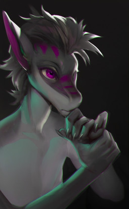 ambiguous_gender anthro black_background claws facial_markings finger_claws glistening glistening_eyes grey_body grey_claws grey_hair hair head_markings male markings mouth_closed purple_eyes purple_inner_ear purple_markings short_hair simple_background solo unsigned shermugi kaaz aquatic fish shark 2020 half-length_portrait hi_res portrait