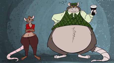 alcohol anthro beer beer_glass belly beverage big_belly big_breasts bottomwear breasts brown_body brown_fur buckteeth clothing drunk duo female fur headgear headwear irish male multicolored_body multicolored_fur navel obese obese_anthro obese_male overweight overweight_anthro overweight_male pants shirt substance_intoxication teeth text thick_thighs topwear two_tone_body two_tone_fur whiskers wide_hips dutch_(artist) guinness mammal murid murine rat rodent 2026 artist_name digital_media_(artwork) hi_res