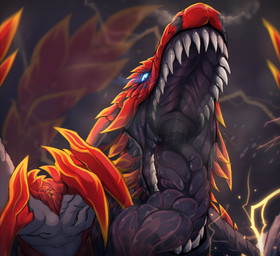 ambiguous_gender black_tongue blue_eyes electricity front_view glistening glistening_eyes looking_at_viewer mouth_shot open_mouth red_body sharp_teeth simple_background solo teeth tongue unsigned yellow_body santanahoffman mythology dragon mythological_creature mythological_scalie scalie absurd_res hi_res