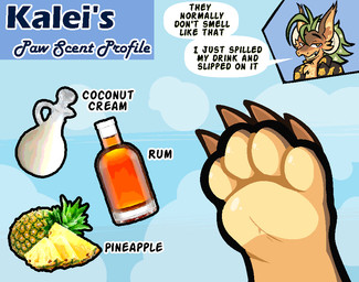 4_toes alcohol_bottle anthro banana_pattern beverage beverage_bottle bottle claws coconut coconut_drink container drupe_(fruit) feet food foot_fetish foot_focus fruit fur grass_hair male pawpads pineapple plant solo talking_to_viewer text toe_claws toes b_bun300 kalei_(hydro19) elemental_creature flora_fauna furred_kobold furred_scalie hybrid kobold scalie english_text meme