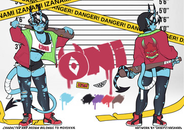 anthro bandage blue_body blue_skin clothing damaged_clothing female footwear hair jacket legwear multicolored_hair pointy_ears shoes tail text thigh_highs topwear white_hair shinystarshard asian_mythology east_asian_mythology japanese_mythology mythology demon oni yokai absurd_res english_text hi_res model_sheet