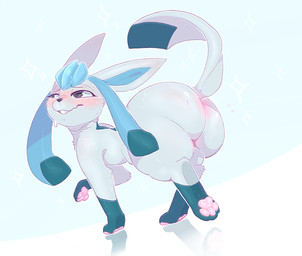 big_butt blush bodily_fluids butt embarrassed feet female feral fur hair hindpaw huge_butt looking_away nude pawpads paws simple_background solo standing sweat tail teeth thick_thighs walking wide_hips backsash nintendo pokemon sarah_(simplifypm) canid canine eeveelution generation_4_pokemon glaceon mammal pokemon_(species) 2023 digital_media_(artwork) hi_res