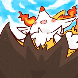 ambiguous_anthro ambiguous_gender anthro biped blush food front_view low-angle_view object_in_tail open_:3 open_mouth open_smile outside shrimp_(food) sky smile snout solo standing tail worm's-eye_view annyui0611 nintendo pokemon braixen canid generation_6_pokemon mammal pokemon_(species) 1:1 2022 digital_drawing_(artwork) digital_media_(artwork) hi_res japanese_description translated_description