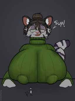 anthro bedroom_eyes big_breasts breasts brown_hair chibi clothed clothed_female clothing female hair huge_breasts looking_at_viewer micro narrowed_eyes nipples_visible_through_clothing seductive simple_background standing sweater talking_to_viewer text topwear white_body rockpankake roi_(rockpankake) felid mammal miteling pantherine snow_leopard 2026 3:4 digital_media_(artwork) english_text hi_res