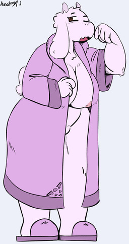 5_fingers anthro areola areola_slip bathrobe breasts clothed clothing female fingers footwear fur horn one_eye_closed open_mouth partially_clothed robe shoes simple_background slippers solo standing tail tired angstrom undertale undertale_(series) toriel boss_monster_(undertale) 2016 digital_media_(artwork) hi_res signature