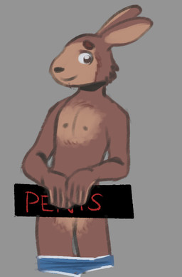 anthro brown_body brown_fur censor_bar clothed clothing fur male nipples partially_clothed physical_censor_bar solo underwear underwear_down wakaimaa lagomorph leporid mammal censored