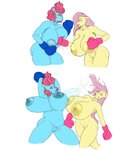 age_difference anthro anthrofied areola big_breasts boxing_gloves boxing_gloves_only breast_punch breasts clothing duo female genitals handwear handwear_only huge_breasts mature_anthro mature_female mostly_nude nipples older_anthro older_female pubes pussy simple_background white_background younger_anthro younger_female hellbridge friendship_is_magic hasbro my_little_pony fluttershy_(mlp) mrs._cake_(mlp) equid equine mammal hi_res