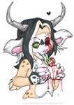 anthro autocannibalism black_hair blood bodily_fluids breasts cannibalism eye_socket eyeball female fur glamfur gore green_eyes green_flesh hair heart_symbol horn long_tongue nightmare_fuel nipple_piercing nipples nude open_mouth piercing prehensile_tongue sewn_mouth solo tongue tongue_out chival zeriara langurhali mammal half-length_portrait marker_(artwork) portrait traditional_media_(artwork)