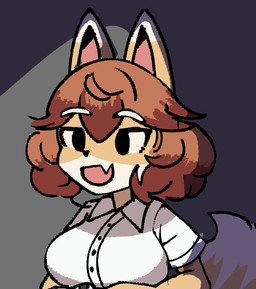 :d anthro big_breasts black_eyes breasts brown_hair clothing collared_shirt countershading dipstick_ears ear_markings eyebrows female fox_tail fur hair markings multicolored_ears shirt skin_fang smile solo topwear wavy_hair white_eyebrows yellow_body yellow_fur voider_(artist) bully_fox canid canine fox mammal hi_res