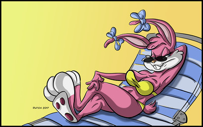 anthro beach_chair bedroom_eyes bikini black_border border bow_tie breasts buckteeth clothing ear_bow eyewear female fur narrowed_eyes pink_body pink_fur seductive sitting solo sunglasses swimwear teeth two-piece_swimsuit white_body white_fur dutch_(artist) tiny_toon_adventures warner_brothers babs_bunny lagomorph leporid mammal rabbit 16:10 2017 digital_media_(artwork) widescreen