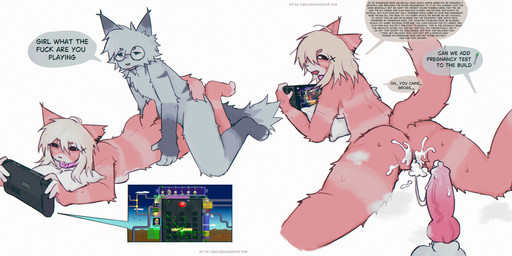 animal_genitalia animal_penis anthro barely_visible_breasts bodily_fluids breasts butt canine_genitalia canine_penis casual_sex collar cum cum_from_vagina cum_in_vagina cum_inside cum_string dialogue duo ear_piercing erection eyewear female from_behind_position fur gaming genital_fluids genitals glasses hair heart_symbol hips_grab hug hugging_object hugging_pillow infodumping knot knotted_penis leaking_cum lying male male/female musk nonchalant nude on_front open_mouth penis piercing pillow playing_video_game pregnancy_risk pregnancy_test profanity raised_tail rambling rambling_sex rear_view scar screencap sex speech_bubble spread_legs spreading sweat tail tail_wrapped_around_body text turning_back vein veiny_knot wearing_glasses capcutpussyboob nubby's_number_factory steam_deck valve_corporation valve_hardware canid canine domestic_cat felid feline felis fox mammal absurd_res english_text hi_res watermark trans_(lore) trans_woman_(lore)