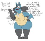 3_toes 4_fingers ?! angry anthro arm_tuft asking asking_viewer belly belly_tuft big_breasts biped black_inner_ear black_markings black_nose black_text blue_body blue_ears blue_fur blue_tail breast_tuft breasts chest_spike countershade_torso countershading curvy_figure exclamation_point eyelashes facial_markings featureless_breasts feet female female_anthro finger_wag fingers front_view fur fur_tuft gloves_(marking) grey_spikes hand_on_hip hand_spike head_markings leg_markings leg_tuft love_handles markings mask_(marking) motion_lines naturally_censored navel no_pupils nude nude_anthro nude_female offended overweight overweight_anthro overweight_female pigeon_toed pokemorph profanity question_mark quotation_marks red_eyes red_mouth red_tongue simple_background snaggle_tooth socks_(marking) solo spikes spikes_(anatomy) standing tail talking_to_viewer tan_body tan_countershading teeth text thick_thighs threatening threatening_viewer toes tongue tuft voluptuous white_background wide_hips thatoneaceguy nintendo pokemon luca_(thatoneaceguy) generation_4_pokemon lucario pokemon_(species) 2021 aliasing digital_drawing_(artwork) digital_media_(artwork) english_text full-length_portrait portrait