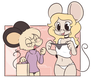 anthro arms_bent big_ears biped blonde_hair breasts buckteeth clothed clothed_anthro clothed_female clothing crop_top dialogue duo eyelashes eyes_closed eyewear female female_anthro flat_chested fur glasses hair head_tuft holding_bag holding_clothing holding_object holding_panties holding_underwear laugh lingerie midriff navel open_mouth open_smile panties purple_clothing purple_panties purple_shirt purple_topwear purple_underwear round_glasses sharp_teeth shirt shopping small_breasts smile standing sweater tail tan_body tan_fur teeth topwear tuft underwear wearing_glasses white_clothing white_panties white_shirt white_topwear white_underwear theartmanor pandemonium_wizard_village fan_character molte mammal mouse murid murine rodent 2022 digital_drawing_(artwork) digital_media_(artwork) flat_colors