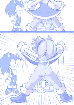 accessory anthro boots bracelet butt clothed clothing clothing_lift dress dress_lift female flashing footwear gloves group hair_accessory hairband handwear jewelry looking_away male no_underwear shocked shoes tail trio sheecktor sega sonic_the_hedgehog_(series) amy_rose miles_prower sonic_the_hedgehog canid canine eulipotyphlan fox hedgehog mammal absurd_res hi_res