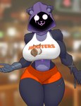 anthro big_breasts bottomwear breasts clothed clothing crop_top eye_scar facial_scar female front_view fur grey_body grey_fur hood hotpants midriff purple_eyes scar shadow_face shirt shorts solo standing thick_thighs topwear dfaop epic_games fortnite hooters raven_team_leader bear mammal hi_res