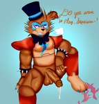 anthro arm_on_knee arm_on_leg balls bedroom_eyes bent_legs big_balls big_muscles big_pecs big_penis blue_background blue_bow_tie blue_claws blue_eyes blue_fingernails blue_nails blue_toe_claws blue_top_hat bodily_fluids bodypaint bow_(feature) bow_in_front bow_tie bracelet breath brown_balls brown_body brown_fur brown_glans brown_hair brown_penis butt butt_from_the_front chest_markings claws clothing colored_fingernails colored_nails countershade_torso countershading cursive dialogue dripping drooling ear_piercing ear_ring elbow_on_knee elbow_on_leg erect_nipples erection face_paint fangs fingernails fur genital_fluids genitals glans glistening glistening_genitalia glistening_glans glistening_penis hair hat headgear headwear humanoid_genitalia humanoid_hands humanoid_penis invisible_chair jewelry leaking_penis leaking_precum looking_at_viewer machine male markings mostly_nude mostly_nude_anthro mostly_nude_male multicolored_body multicolored_fur muscular muscular_anthro muscular_male muscular_thighs nails narrowed_eyes nipples pecs penis piercing planted_leg precum precum_drip precum_on_penis raised_leg red_ear_ring ring_piercing saliva seductive shin_guards shoulder_pads simple_background sitting smile solo spiked_bracelet spikes spread_legs spreading teeth text thick_penis thick_thighs toe_claws top_hat two_tone_body two_tone_fur vein veiny_penis jflare205 five_nights_at_freddy's five_nights_at_freddy's:_security_breach scottgames steel_wool_studios glamrock_freddy animatronic bear mammal robot ursine english_text hi_res