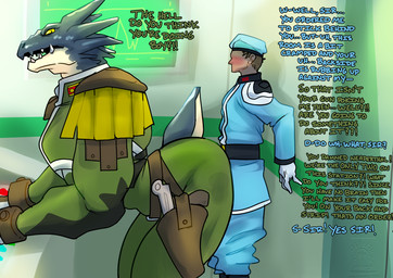 against_surface against_wall anthro clothing dialogue duo gun gun_holster handgun hat headgear headwear male male/male military_cap military_uniform pistol pressed_against_butt ranged_weapon science_fiction shoulder_guards size_difference tail text uniform weapon drstrangeluvve angel_links mythology outlaw_star duuz_delax_rex dragon human mammal mythological_creature mythological_scalie scalie english_text hi_res