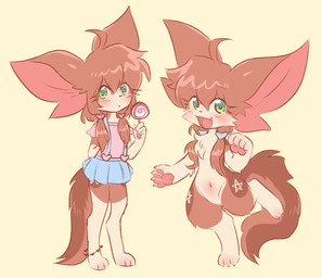 anthro big_ears blue_bottomwear blue_clothing blue_skirt blush bottomwear brown_body brown_fur brown_hair candy clothing countershading dessert featureless_chest featureless_crotch female flat_chested food frilly frilly_clothing frilly_shirt frilly_topwear front_view fur green_eyes hair heart_symbol holding_candy holding_food holding_lollipop holding_object loli lollipop looking_at_viewer multiple_forms nude occult_symbol overall_skirt pentagram pink_clothing pink_shirt pink_topwear shirt skirt solo standing swirl_lollipop symbol tan_body tan_fur topwear young young_anthro young_female kipaki kippy_(kipaki) canid canine canis domestic_cat domestic_dog felid feline felis hybrid mammal