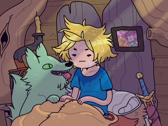 3_fingers ambiguous_gender bed blonde_hair bodily_fluids candle claws clothed clothing detailed_background dot_eyes drooling duo feral fingers fur furniture green_body green_fur hair male melee_weapon messy_hair open_mouth paws pillow saliva saliva_in_hair saliva_on_face shirt short_hair simple_eyes sleeping_bag smile snout sword t-shirt tail teeth tongue tongue_out toony topwear waking_up weapon wet wet_body wet_clothing wet_face wet_hair wet_shirt wet_skin wet_topwear discount-supervillain adventure_time cartoon_network finn_the_human huntress_wizard jake_the_dog canid canine canis human mammal wolf 4:3 digital_media_(artwork)