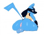 anthro anus backsack balls biped butt frown genitals grumpy looking_at_viewer looking_back male presenting presenting_hindquarters puffy_anus raised_tail rear_view saggy_balls semi-anthro sitting solo tail thick_thighs milkbreaks nintendo pokemon canid canine generation_4_pokemon lucario mammal pokemon_(species)