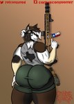 anthro big_butt blue_eyes brown_body brown_fur butt butt_grab fur gun hand_on_butt looking_at_viewer looking_back male ranged_weapon simple_background solo texas weapon corpse_eater mocha canid canine mammal absurd_res hi_res