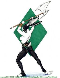 abstract_background anklet anthro axe big_ears biped black_body black_fur breasts butt clothed clothing dagger female fur greataxe green_eyes holding_object holding_weapon jewelry looking_back melee_weapon nipples plantigrade simple_background solo standing text thong topless underwear weapon white_body white_fur bridget_e_wilde lagomorph leporid mammal rabbit 2002 signature traditional_media_(artwork) url