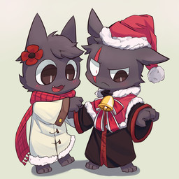 anthro barefoot black_body black_fur blush christmas_clothing christmas_headwear clothing eye_scar facial_scar feet fur hat head_tuft headgear headwear holidays male notched_ear open_mouth open_smile santa_hat scar scarf simple_background smile standing tuft weeruka christmas cult_of_the_lamb massive_monster_(studio) aym_(cult_of_the_lamb) baal_(cult_of_the_lamb) domestic_cat felid feline felis mammal 1:1 2024 absurd_res digital_drawing_(artwork) digital_media_(artwork) hi_res brother_(lore) brothers_(lore) sibling_(lore)