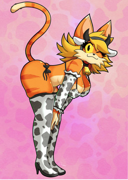 animal_print anthro big_breasts big_butt bikini blonde_hair breasts butt cleavage clothed clothing cow_print female hair looking_at_viewer one_eye_closed smile solo swimwear two-piece_swimsuit wink yellow_eyes roboticsteve crimson_(roboticsteve) domestic_cat felid feline felis mammal absurd_res hi_res