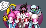 anthro big_breasts big_nipples bodily_fluids breast_milking breasts dialogue female group huge_breasts lactating machine milk milking_machine nipples norithics avian felid leopard mammal pantherine