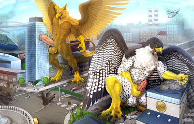 4_toes 5_fingers abs anthro balls beak biceps brown_body brown_fur building building_destruction building_sex city city_background city_destruction cityscape claws destruction duo erection feathered_wings feathers feet finger_claws fingers footprint fur genitals hair house humanoid_genitalia humanoid_penis macro macro_anthro macro_male male masturbation muscular muscular_anthro muscular_male nude open_mouth outside pawprint paws pecs penile penile_masturbation penis rampage sky smile tail toe_claws toes vehicle white_body wings sepiaflux mythology carpo corvidius_(character) avian bird falcon falconid gryphon mythological_avian mythological_creature