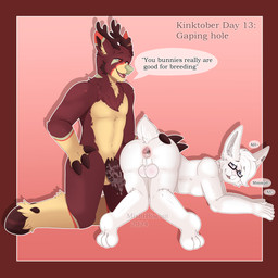 anthro antlers anus biped blue_eyes blush bodily_fluids body_pattern chest_tuft cum cum_inside dialogue duo ear_piercing ear_ring eyewear fur gaping gaping_anus genital_fluids glasses hand_on_butt horn male male/male piercing ring_piercing scut_tail short_tail simple_background speech_bubble tail text tuft wearing_glasses white_body white_fur misfitbiscuit kinktober_2024 robin_(tylerkade) deer lagomorph leporid mammal rabbit 1:1 2024 absurd_res english_text hi_res