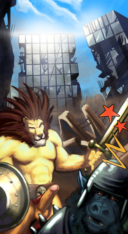 abs balls biceps black_hair black_nose blue_body blue_fur bottomwear brown_body brown_fur city clothing duo erection fur genitals grin hair humanoid_genitalia humanoid_penis loincloth male melee_weapon muscular pecs penis red_eyes shield smile sword warrior weapon yellow_body yellow_fur alpha0 felid haplorhine lion mammal monkey pantherine primate